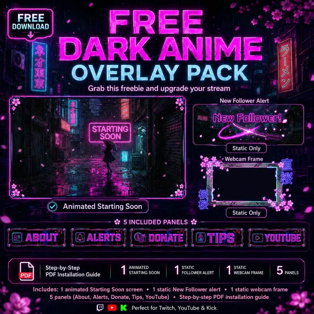 Free Dark Anime Twitch Overlay - Animated Starting Soon, Webcam & Panels