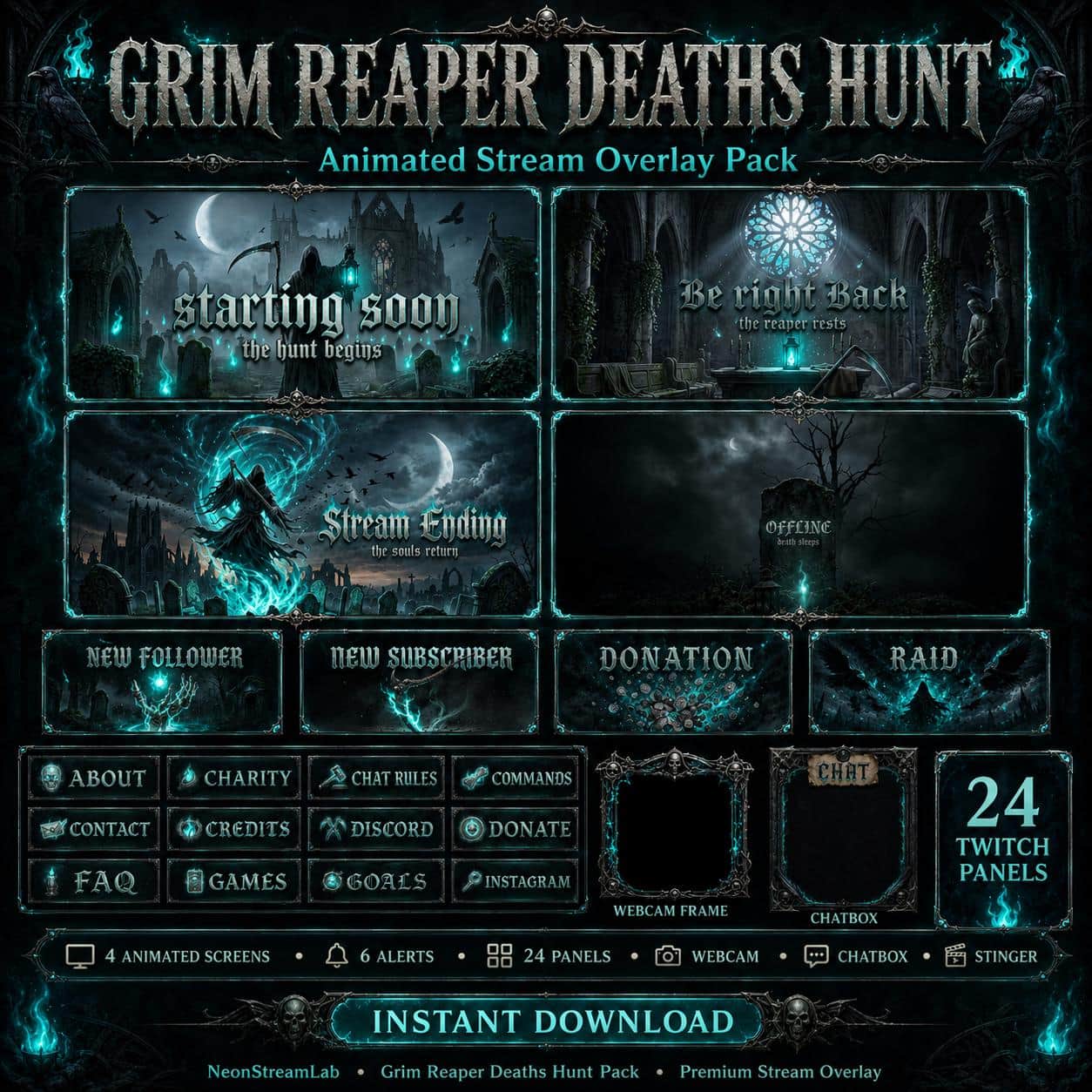 Grim Reaper Goth Twitch Overlay Pack | Animated Horror Stream Screens Alerts Panels
